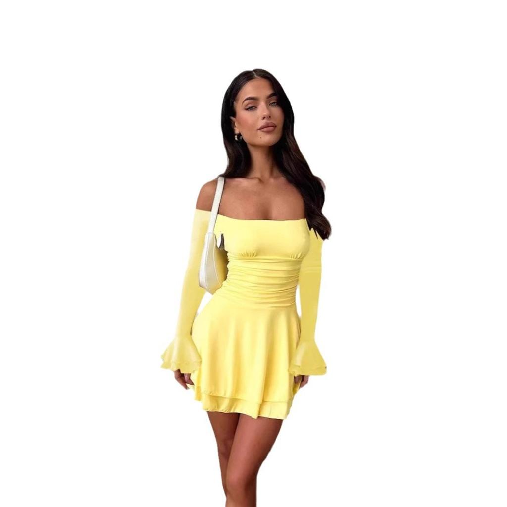New Women's Solid Off-shoulder Flare Sleeve Dress, Elegant Spring Autumn Dress For Women Cross-border Europe America