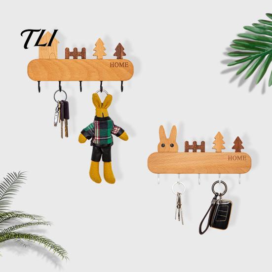 Heavy Duty Screw Fixation Hooks Wooden Key Holder with 5 Hooks, Cartoon House Theme Organizer, Multi Entryway Wall Storage Purpose Hanging Rack