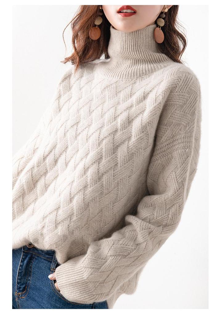 Women's High-Neck Ribbed Knit Sweater - Warm, Thick, Loose Fit for Autumn/Winter 2024, Korean Style