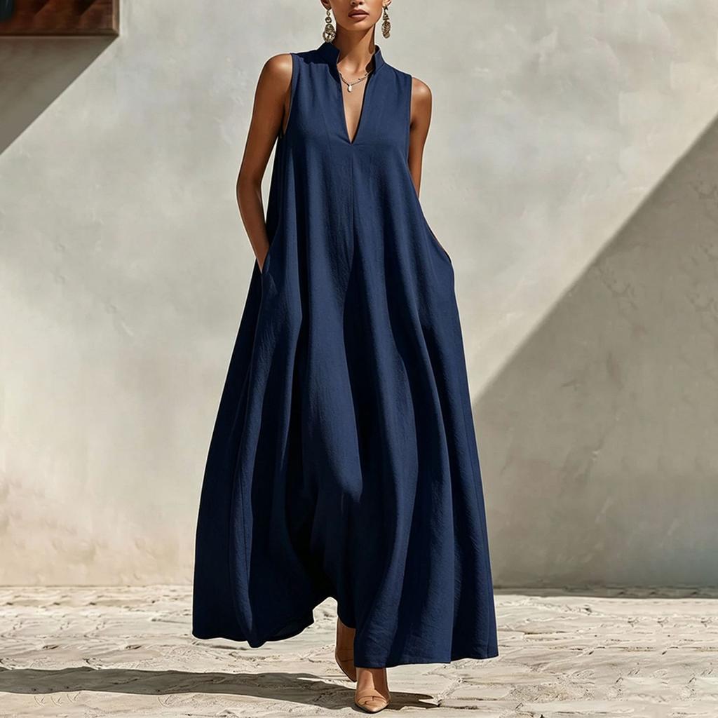 Women Sleeveless Maxi Dress V Neck Loose Fit Wide Swing Casual Summer Vacation Long Dress with Pockets