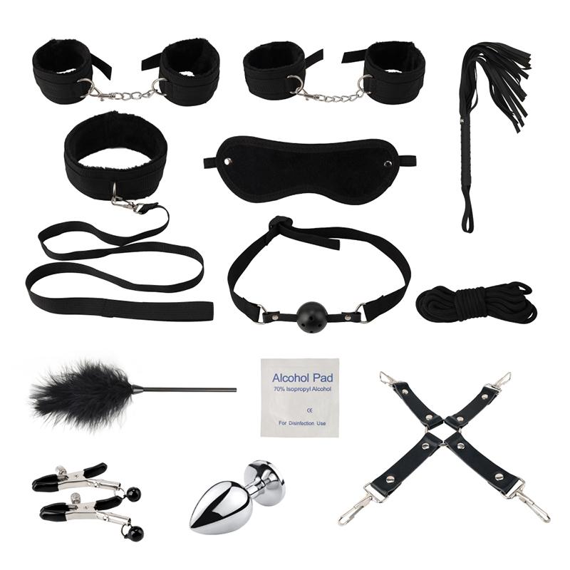 Sexy Leather BDSM Bondage Gear Kit Plush Restraints Handcuffs Whip Gag Nipple Clamps Sex Toys for Couples YM
