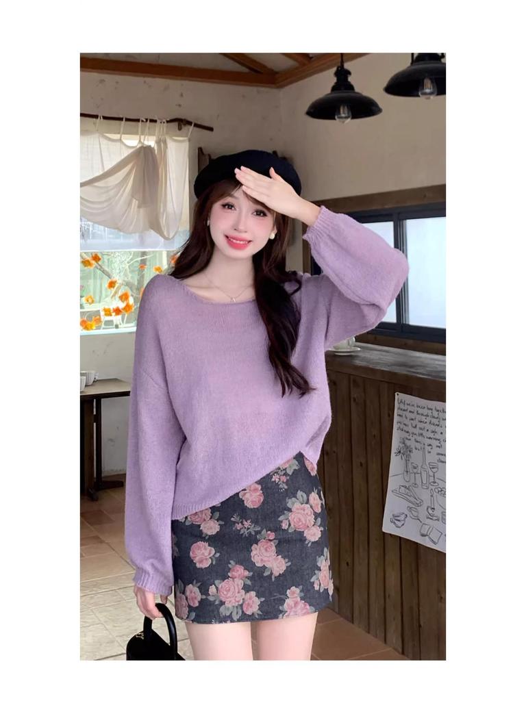 Korean Retro Floral Print A-Line Denim Mini Skirt for Women, High Waist, Slimming, Autumn/Winter Style.