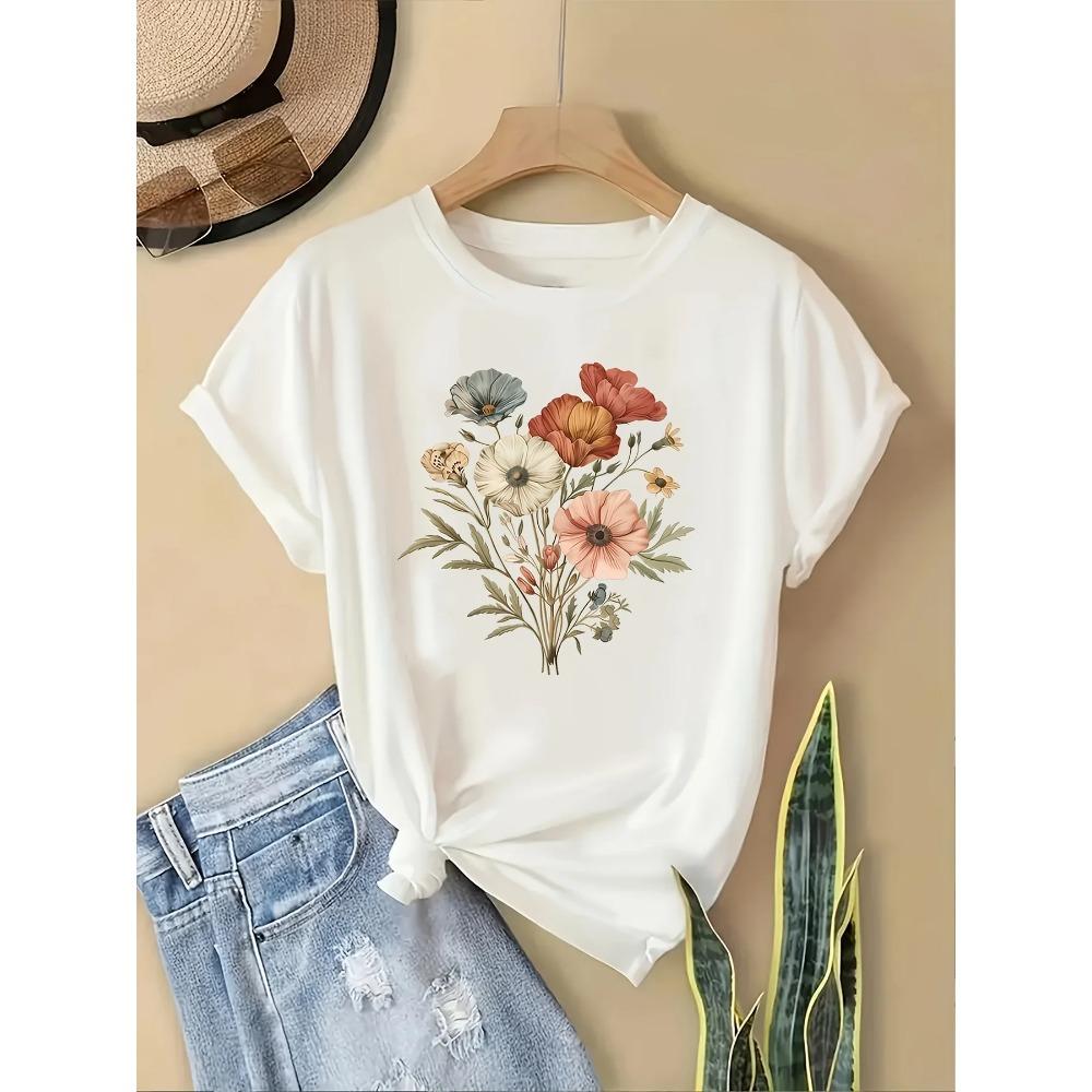 Plus Size Floral Fashion Tee Breathable Women s Casual Fashion T-Shirt Crew Neck Short Sleeve Colorful Floral Women Fashion Tee M
