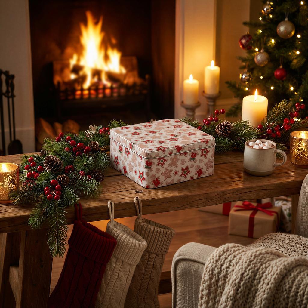 Deco Xmas Cookie Tin 15X15X7 Cm Beige Christmas Pattern