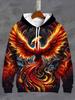 [Printed Design- Not Textured] Men'S 3D Flame Phoenix Hoodie - Vibrant Long Sleeve Casual Sweatshirt with Drawstring Pocket, Polyester, Ideal for