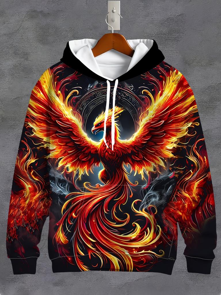[Printed Design- Not Textured] Men'S 3D Flame Phoenix Hoodie - Vibrant Long Sleeve Casual Sweatshirt with Drawstring Pocket, Polyester, Ideal for