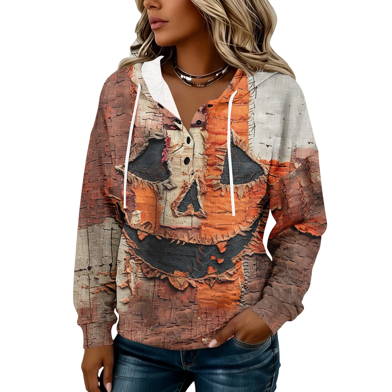Women s Hooded Button Front Halloween Print Pullover Sweatshirt for Casual Fall Outfits M