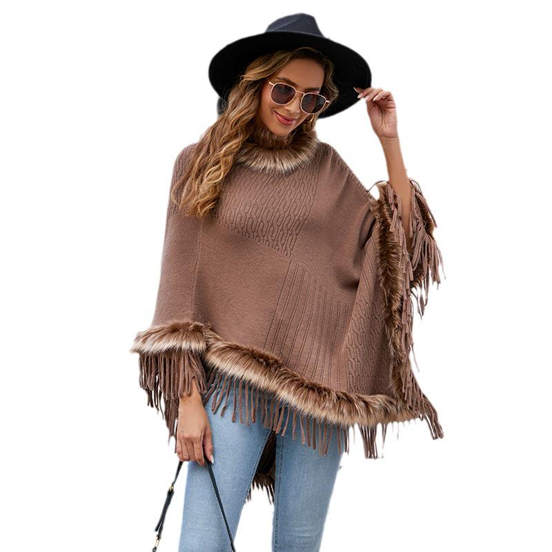 Mao Mao Yu Women's Solid Color Tassel Cape: 2023 Autumn/Winter European & American Loose Knit Pullover Shawl