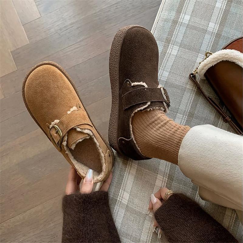 Fashion New Winter Cow Suede Women Pumps Shoes for Women Fashion Buckle Round Toe Warm Loafers Platform Shoes Zaptos Mujer Brown Shoes