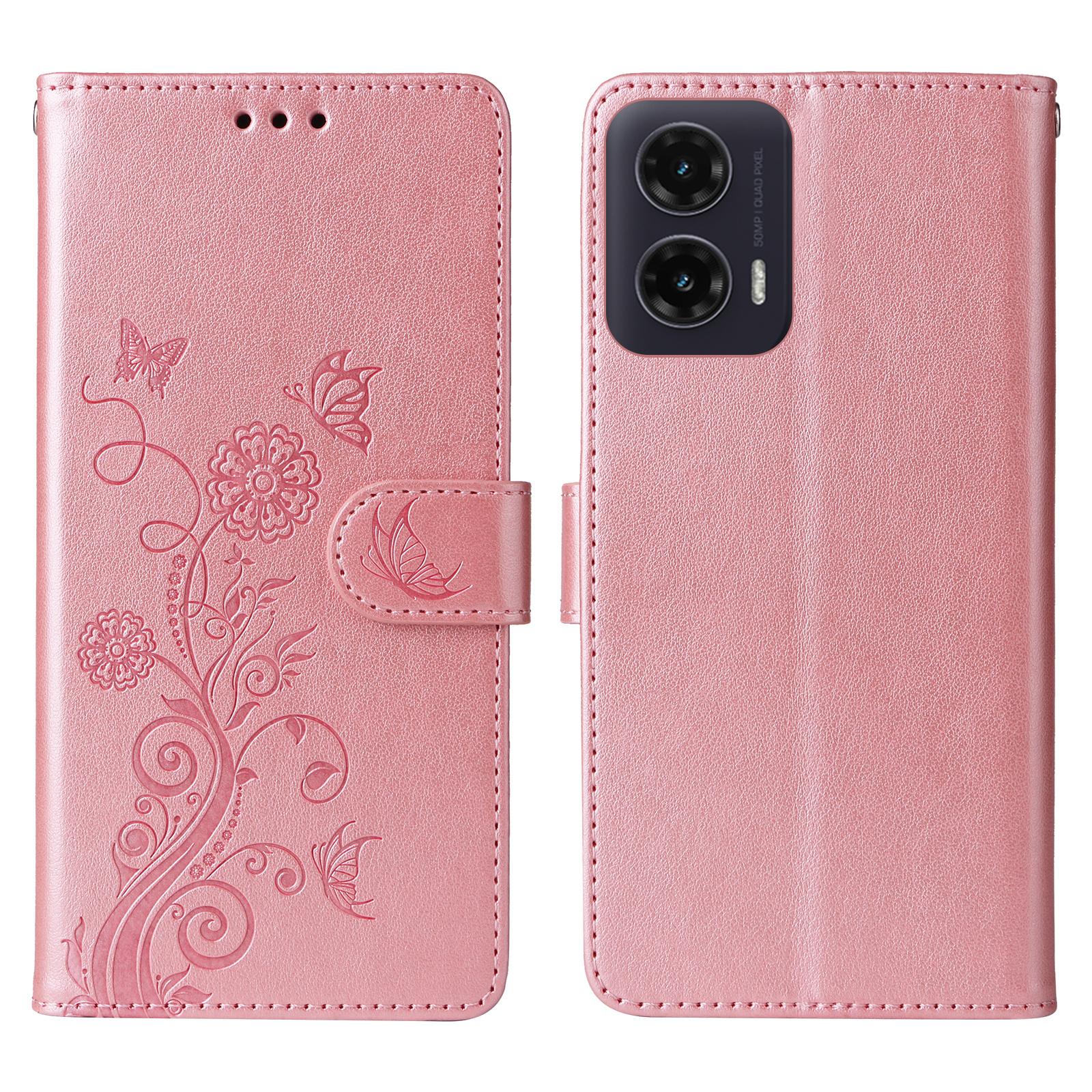 

For Motorola Moto G35 5G Case Butterfly Floral Imprint Wallet Stand Leather Phone Cover Pink