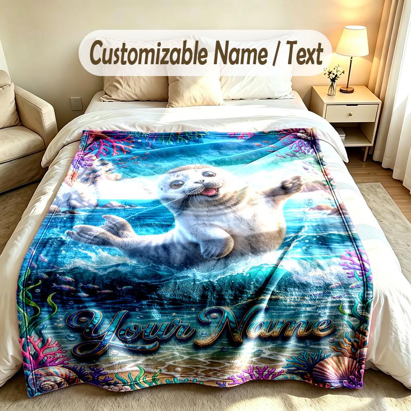 Mermaid Underwater Theme Custom Blanket Personalized Name & Text Customized Soft Warm Throw Blanket Home Decor