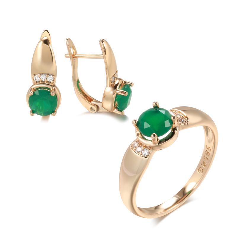 

New Emerald Round Cut Natural Zircon Earrings Ring Sets For Women Rose Gold Clip Earring Party Fashion Jewelry Sets 7