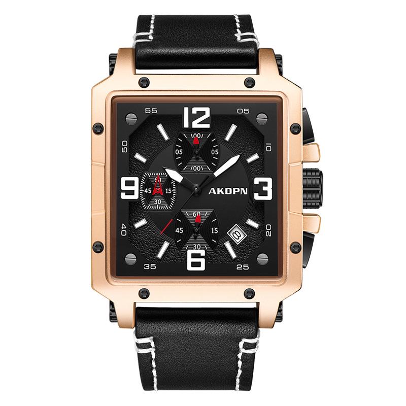 Men s Multifunctional Square Chronograph Watch with Genuine Leather Strap