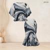 Women Plus Size Two Piece Set Round Neck Batwing Sleeve Printed Ruffle Hem Top Fishtail Skirt Dark Green Black