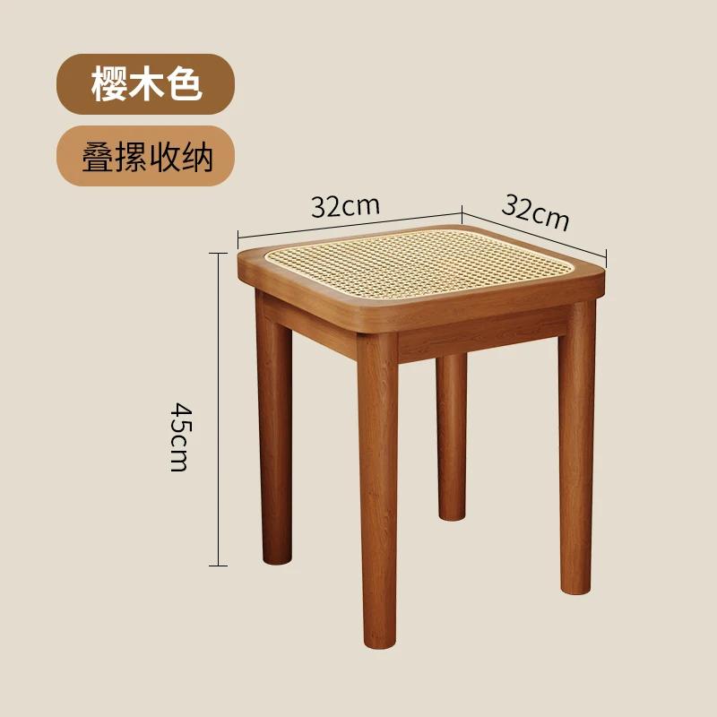 Rubberwood Home Stool Breathable Rattan Dining Chair Natural Wood Dining Stool Stackable Mid-Century Living Room Chair