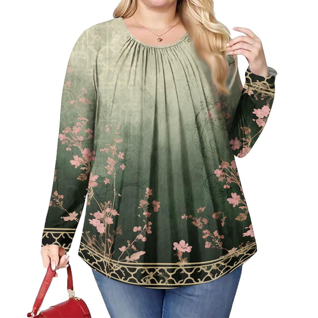 Women's Plus Size Fashion Printed Casual Pleated Round Neck Long Sleeve Top