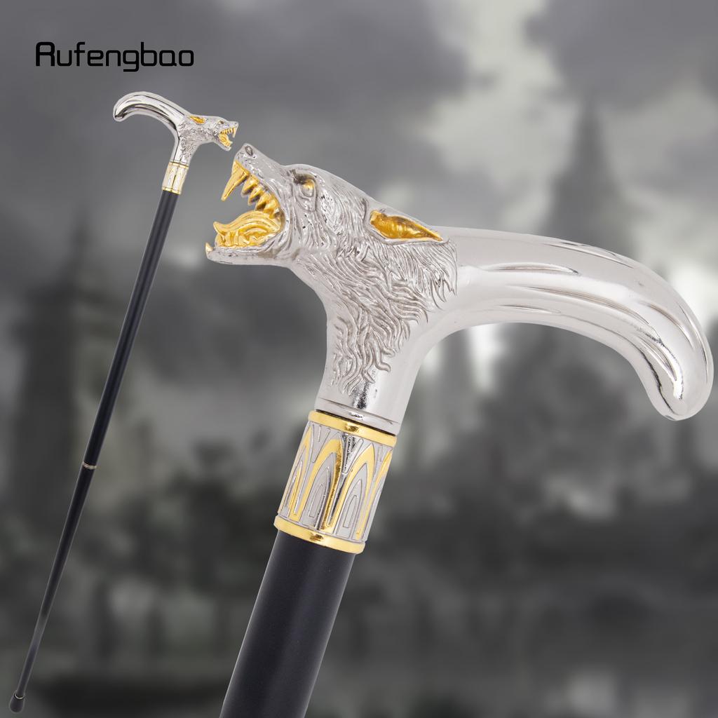 Canne de Marche Tête de Loup Blanc Doré Mordant Canne de Marche Décorative de Mode Gentleman Élégant Canne de Cosplay Pommeau Crosse 93cm
