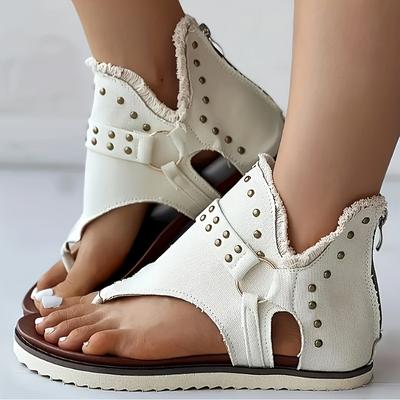 Comfortable Low Heel Sandals Women's Fashionable Sandals with Braided Straps and Studded Detail  White Open Toe Zipper Sandals for Casual Summer Wear