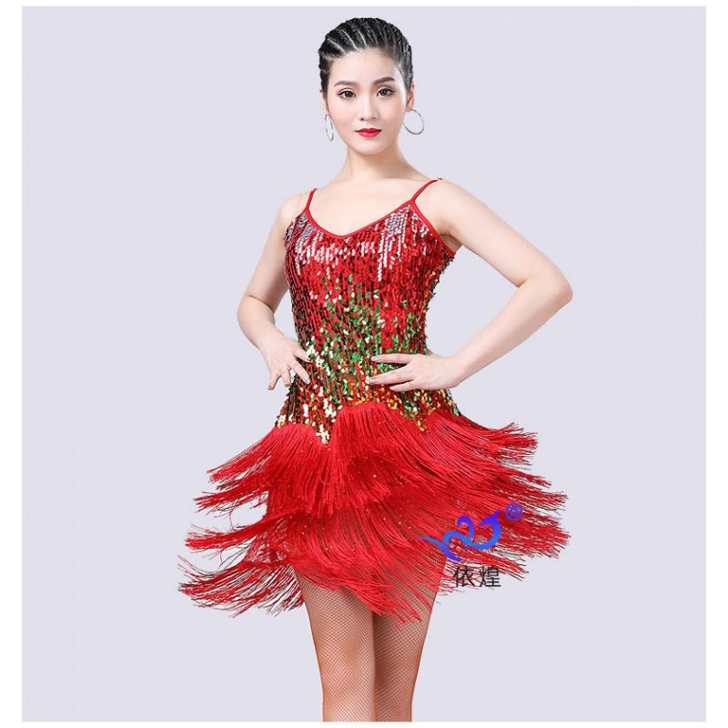 Latin Dance Dress Sequined Fringe Stage Performance Costume Women