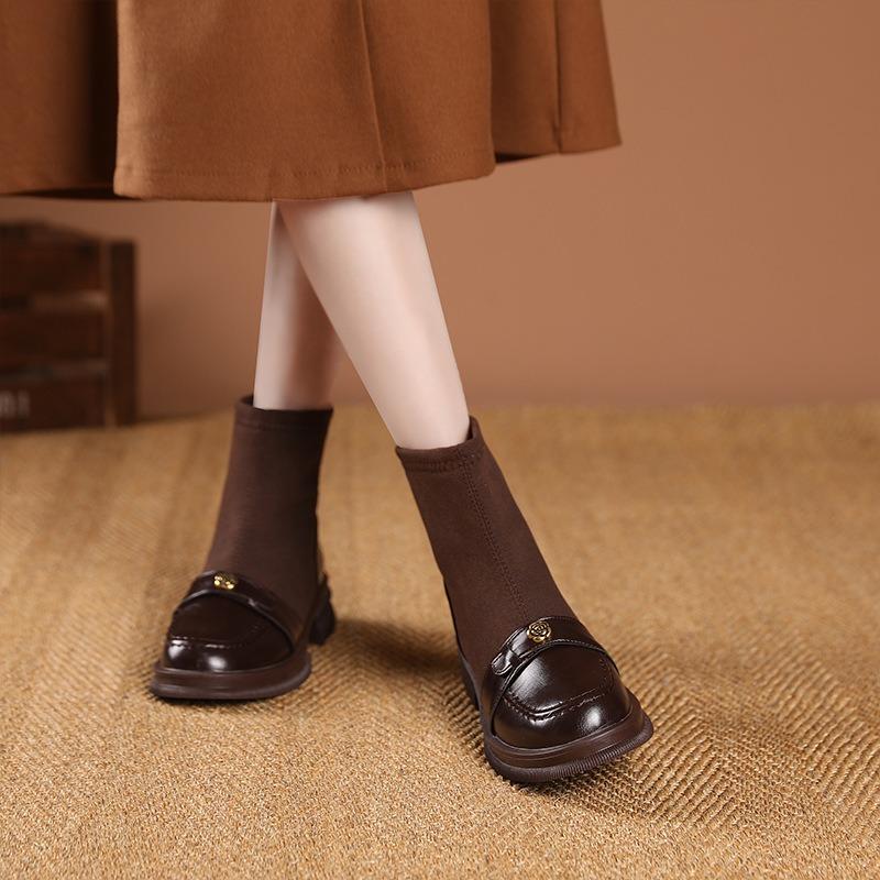 Skinny Boots Women's Spring and Autumn Single Boots Flat Short Boots Winter New Velvet Elastic Socks Boots Soft Leather Martin Boots