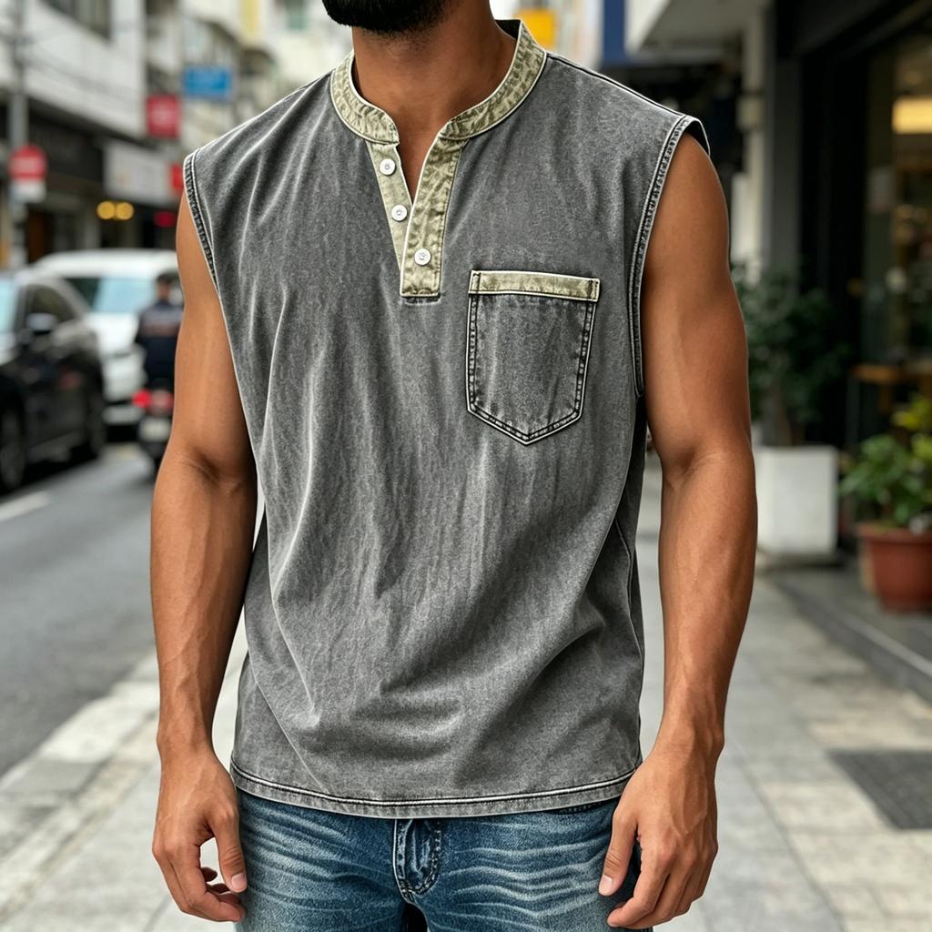 Men Sleeveless Casual Vest Three Button Henley Neck Pocket Front Cotton Linen Blend Summer Top
