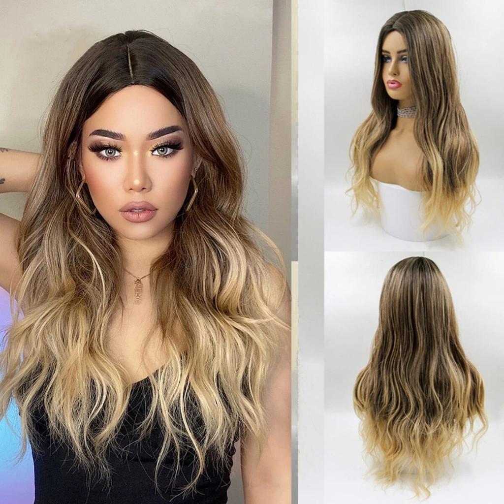 Μακριές καφέ Ombre συνθετικές περούκες για γυναίκες Φυσικά μαλλιά κυματιστές περούκες μεσαίου μέρους Γυναικεία περούκα Cosplay ανθεκτικές στη θερμότητα περούκες από ίνες