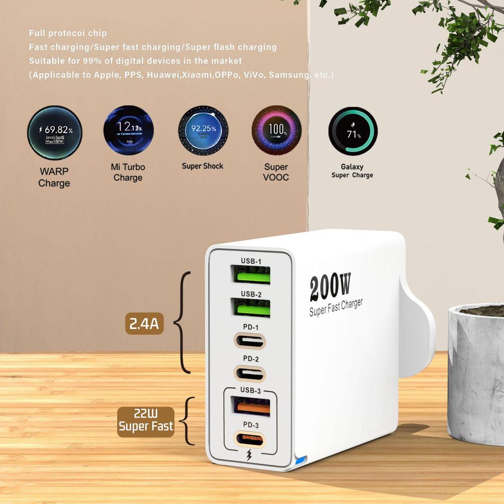 200W Multi-Port Charger - 3 USB & 3 PD Ports, Six-in-One Fast Charging for Phones (5V 2.4A), EU/US/UK Compatible