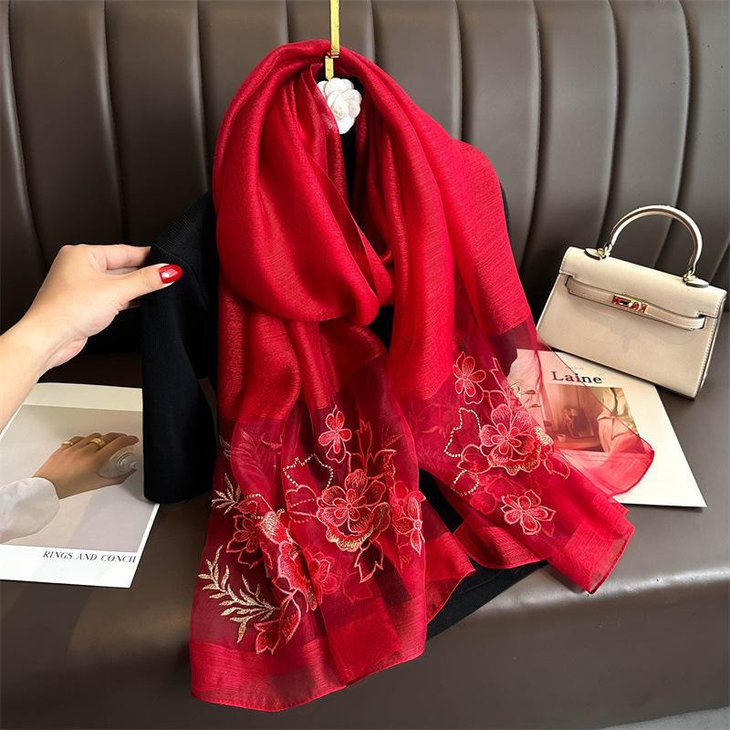 

Шелковый вышитый шарф ручной работы: Элегантная шаль из шелка Mulberry на весну и осень 70*180CM кларет