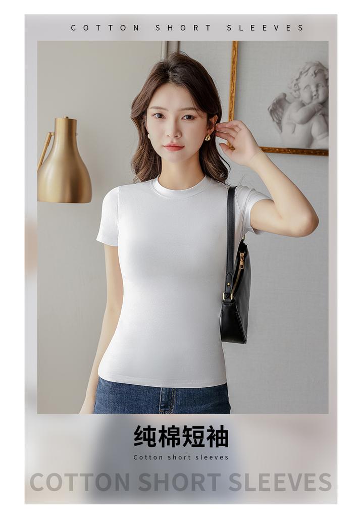 Pure cotton shoulder short sleeved T-shirt for women, slim fit and tight fitting, pure cotton white semi high neck top, solid color JS
