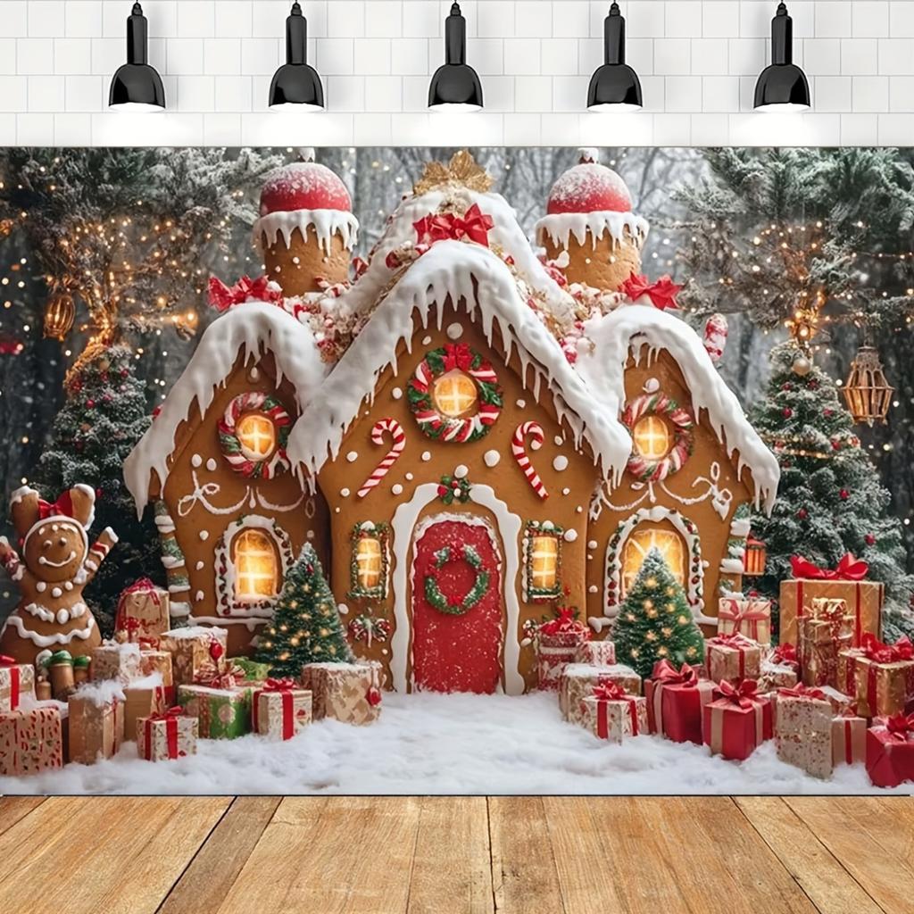 Christmas Party Snow White Gingerbread House Photography Background - With Flash, Christmas Tree Lantern