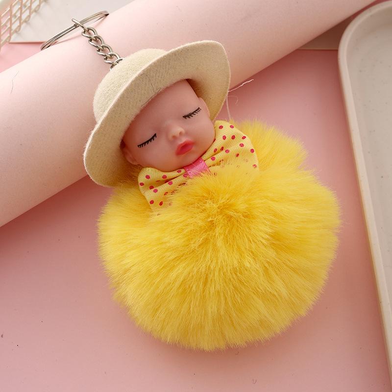 Sleeping Doll Keychain with Hat & Bow, Plush Fur Ball Ornament