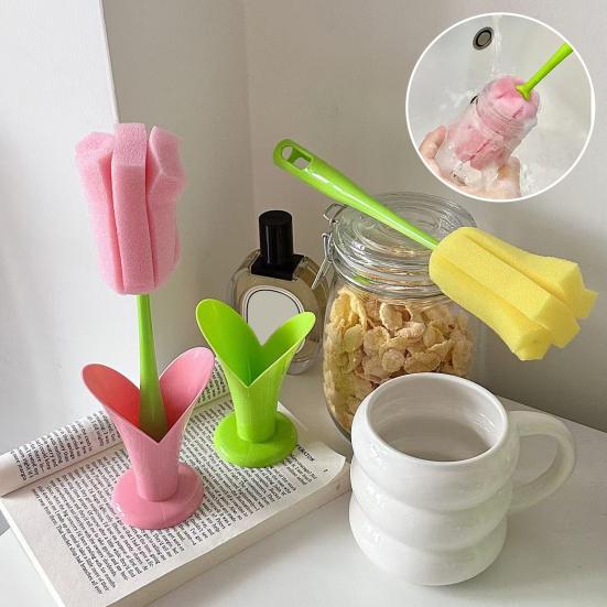 Cup Brush Tulip Shape Ergonomic Handle Cleaning Brush Scratch-Free Sponge Brush Decorative Vase Cleaner