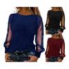 Women T-shirt O-neck Mesh Hollow Puff Long Sleeves Soft Stretchy Tops Shiny