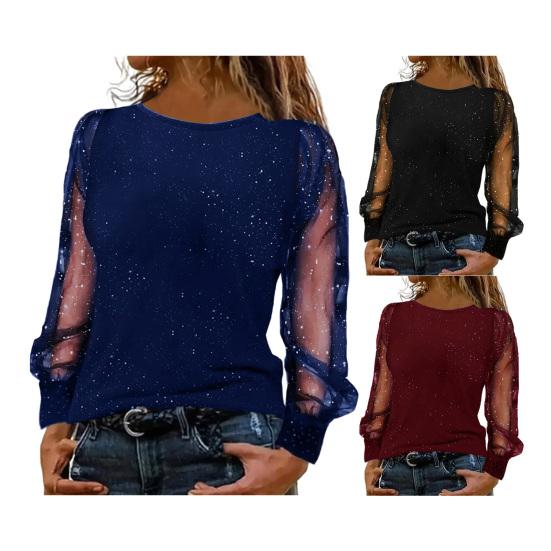 Women T-shirt O-neck Mesh Hollow Puff Long Sleeves Soft Stretchy Tops Shiny