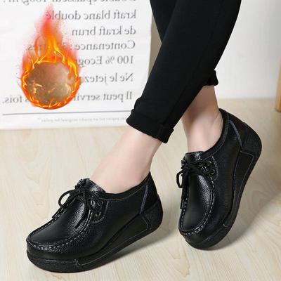 Korean Style Women's Genuine Leather Platform Loafers - Velvet, Cotton, Thick Sole, Height Increasing, Casual Versatile Warm Shoes