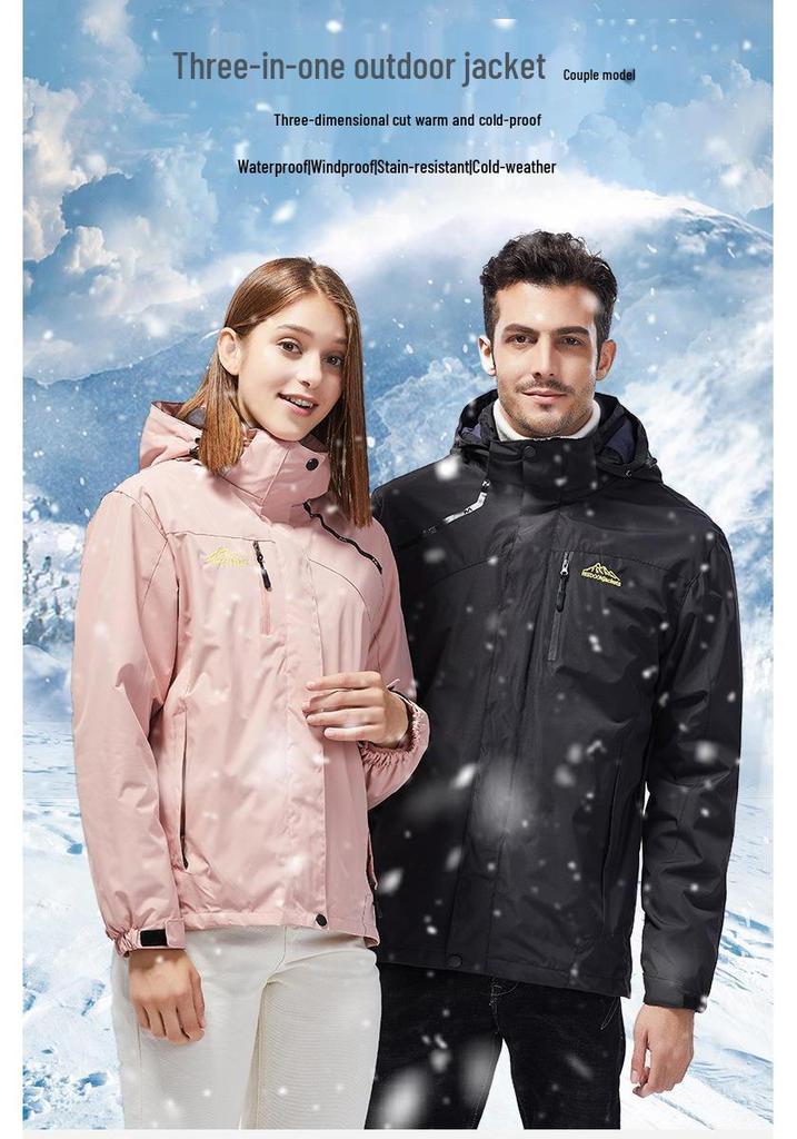 Windproof Outdoor Jacket Set: Couples' 3-in-1 with Detachable Fleece for Men & Women, Ideal for Autumn & Winter