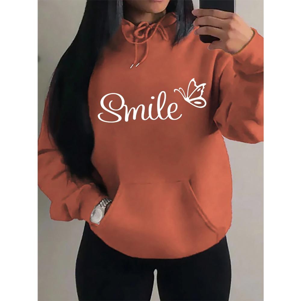 Smile Font Language Butterfly Pattern Hoody For Women Sport Pocket Clothing Cute Multicolor Streetwear Autumn Fashion Hoodies