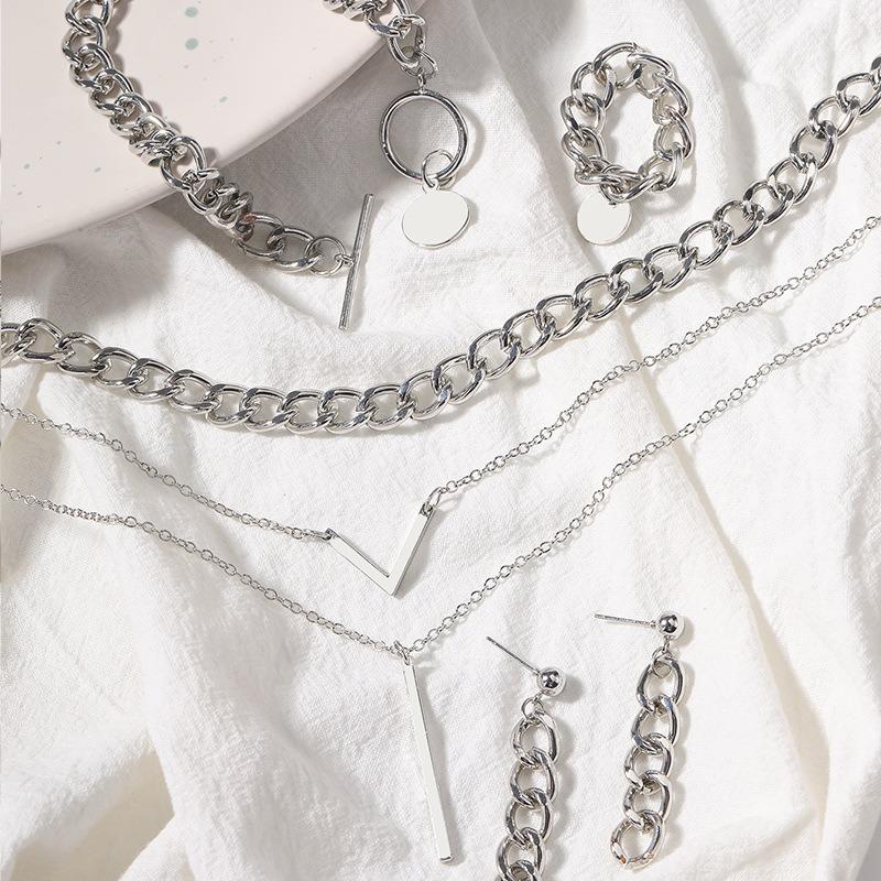 Accessories Simple Thick Chain Metal Wind Bracelet Ring Multi-layer Necklace Earrings Set Street Vintage