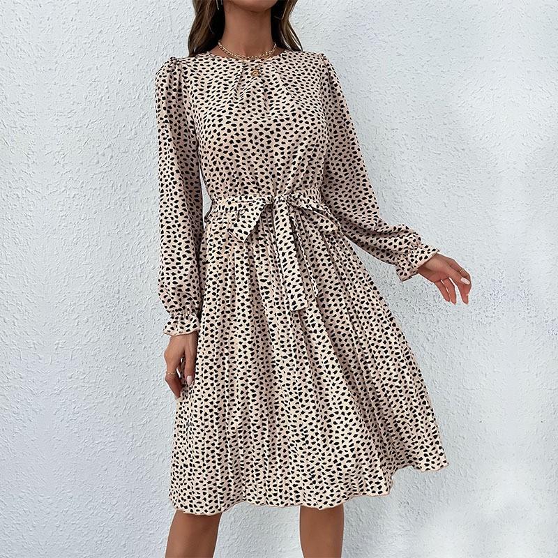 Abiti da donna primaverili e autunnali Abito plissettato a maniche lunghe con gonna allacciata con stampa leopardata
