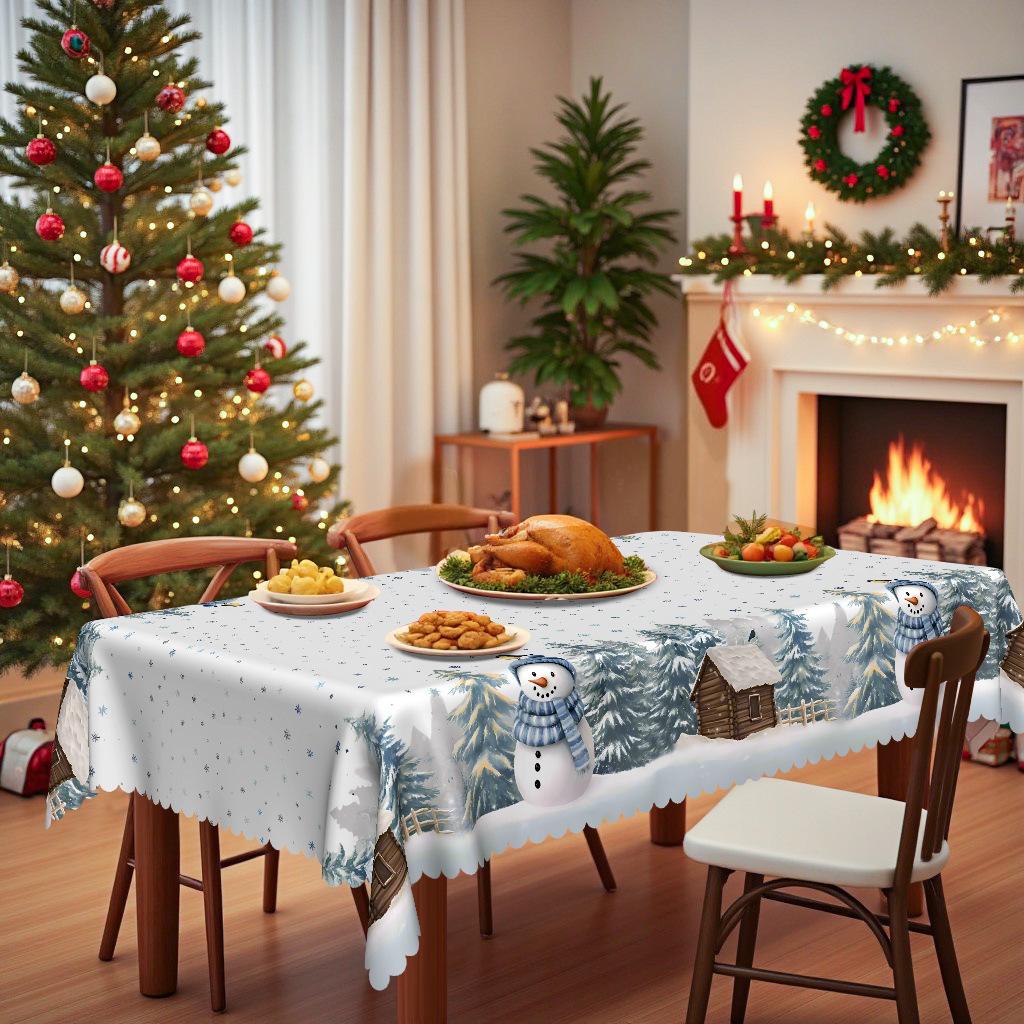 

Winter Snowman Theme Round Tablecloth Waterproof Dining Table Cloth, Snow Forest Pattern, Coffee Table Cover, Dinner Decoration Round tablecloth-152x152cm