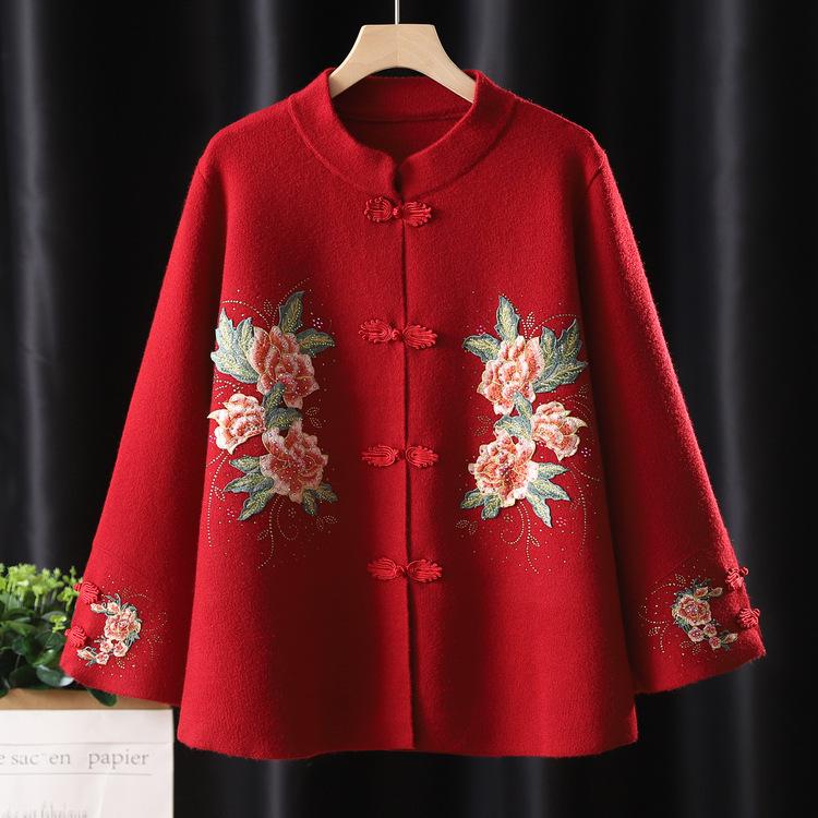 Veste en Cachemire Neuve de Maman Costume Tang pour Femmes d'Âge Moyen et Âgées Année du Zodiaque Heureuse Haut de Mariage Tendance de Belle-Mère Printemps
