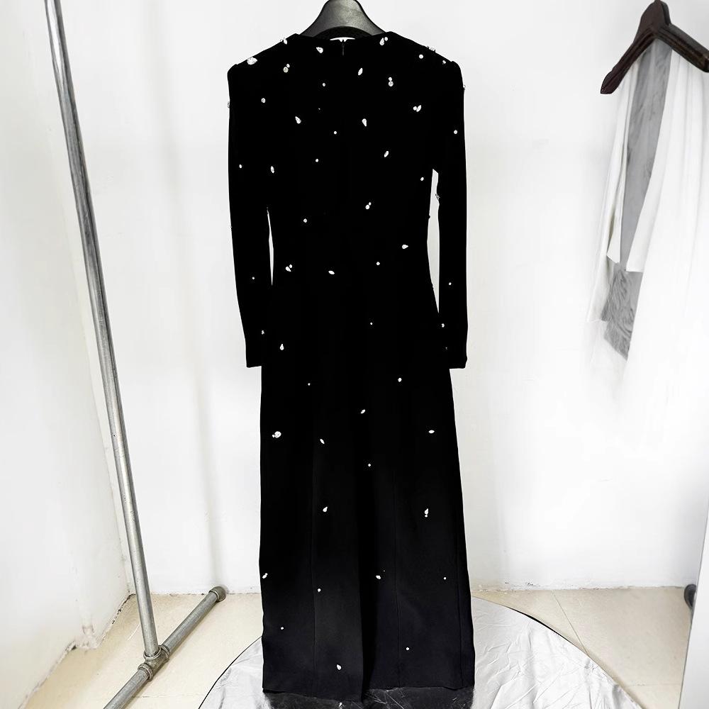Elegant Heavy Beaded Long-Sleeve Diamond Long Dress