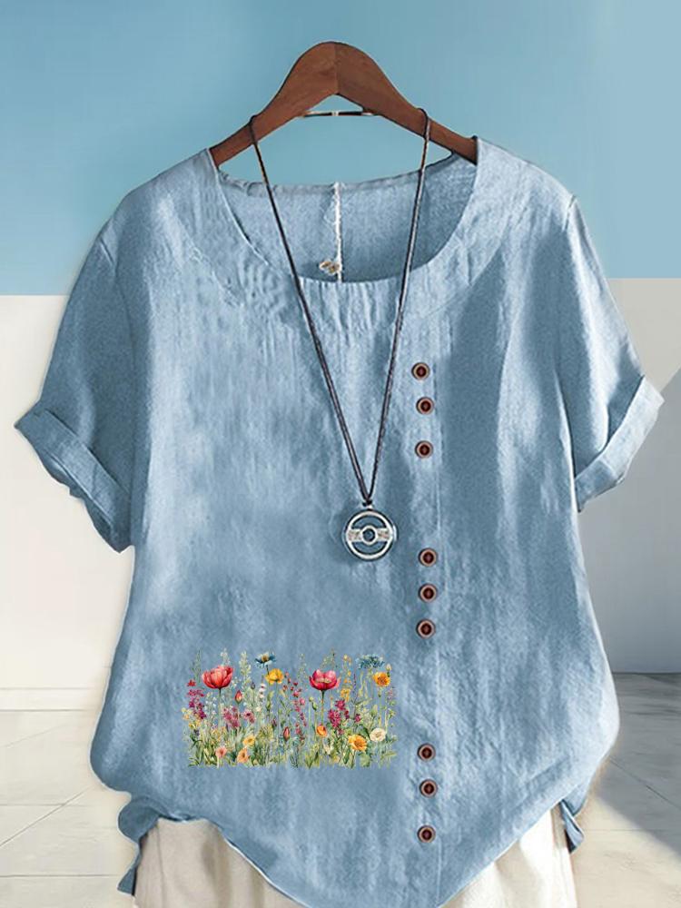 Women's Fashion Flower Bed Print Round Neck Short Sleeve T-shirt Casual Cotton Linen Graphic Shirt Leisure Loose Summer Blouse Tops
