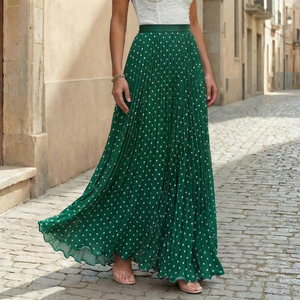 Women Vintage Polka Dot Print Pleated Maxi Skirt Holiday Style High Waist Flowy A Line Skirt for Casual and Everyday Wear