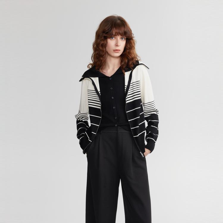 ELLE French Design Striped Faux Two-Piece Navy Collar Lazy High-End Cardigan Knit Sweater Women Tops Black White EM48943