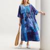DIMANAF 2024 Plus Size Women Dress Linen Flower Print Beach Holiday Summer Sundress Maxi Dress Loose Design Blue Long Dress 5XL