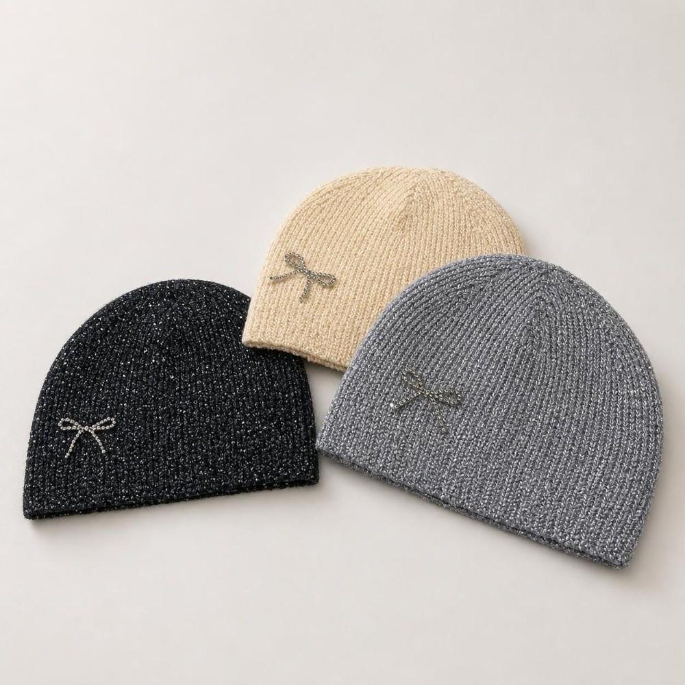 Rhinestone Bow Decor Skull Cap Hat Lightweight Warm Lining Sparkly Beanie Hat  Daily Wear