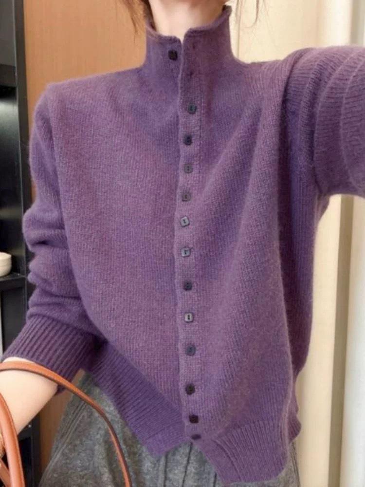 Elegant 100% Wool Stand Collar Sweater Cardigan for Women - Chic and Casual Niche Style