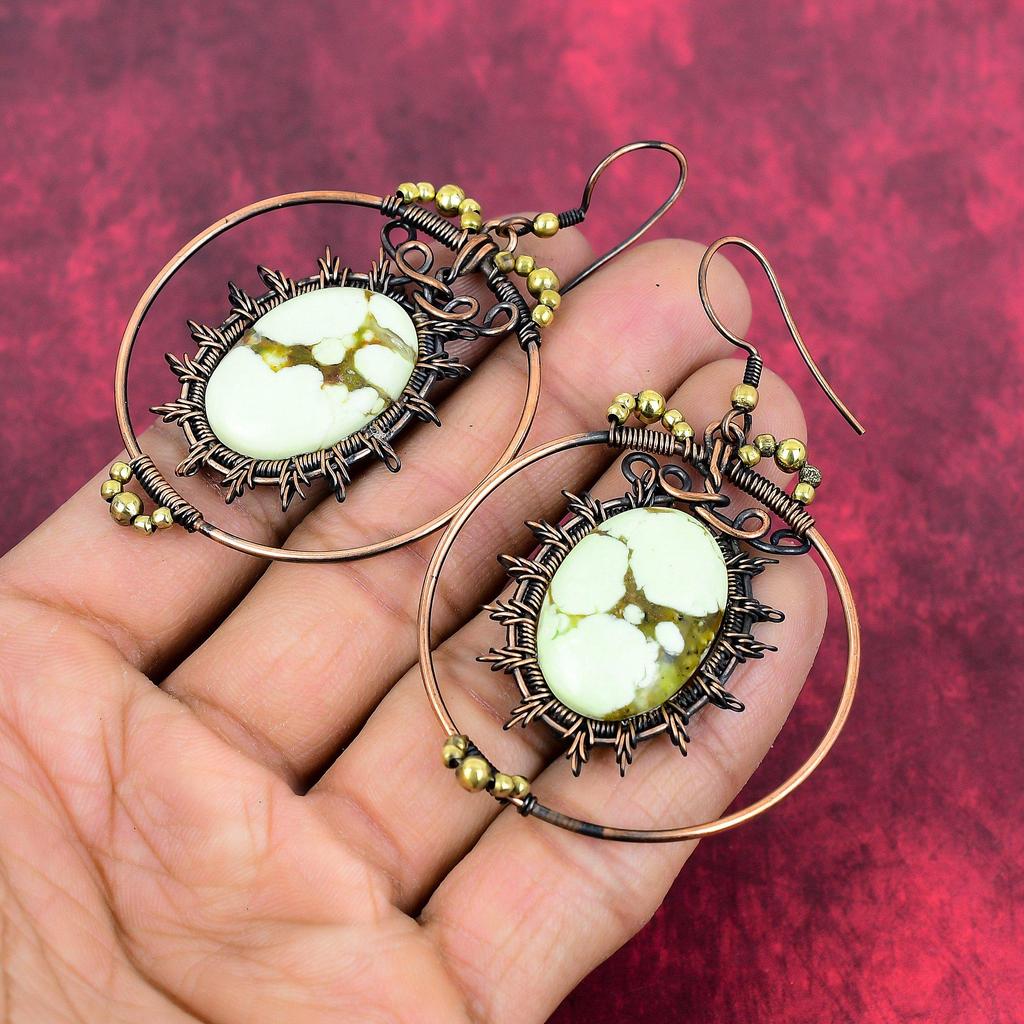 Lemon chrysoprase gemstone earring copper wire wrapped earring lemon chrysoprase jewelry handmade earring gifts for wife copper wire jewelry