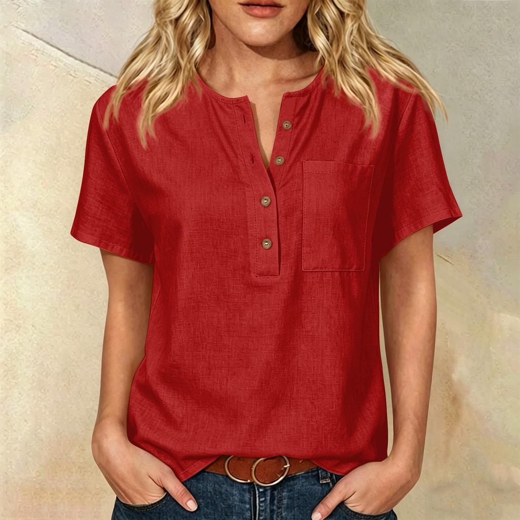 Women Henley Button Neck Short Sleeve Cotton Linen Shirt with Chest Pocket Relaxed Fit Casual Top for Everyday Wear